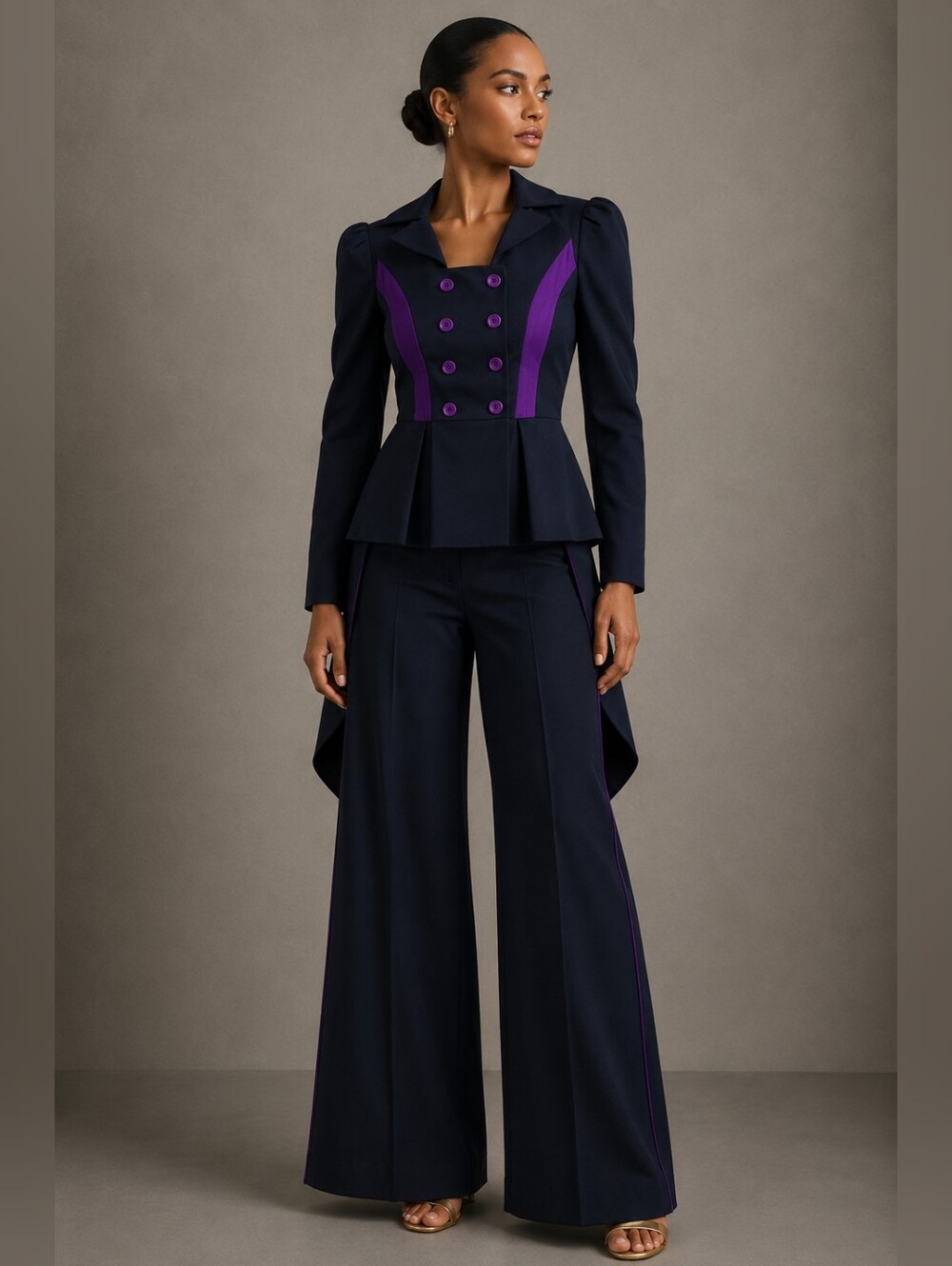 Vintage Purple Trim Tailcoat Pant Suit Set S